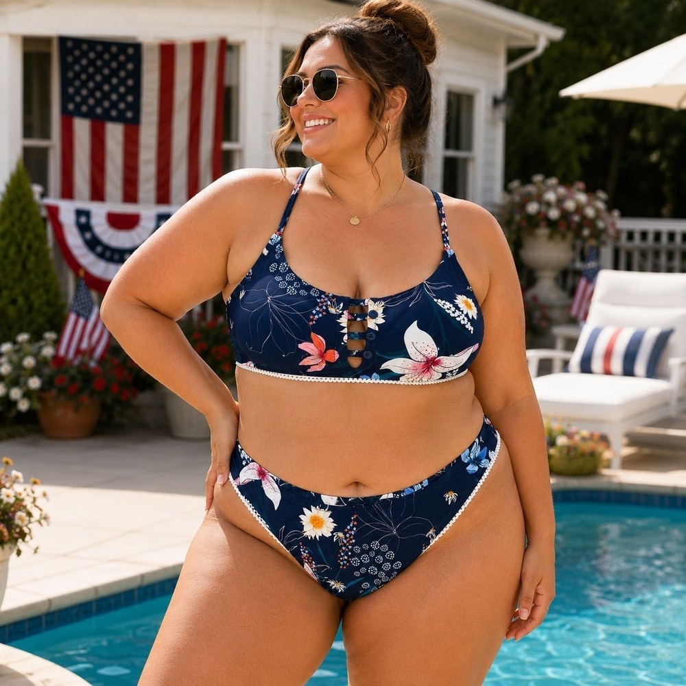 XXL CupShe Navy‎ Floral Cutout Bikini